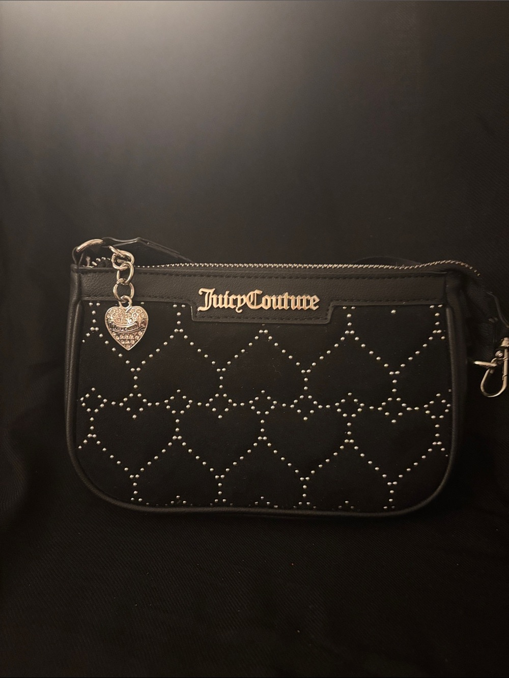 Juicy Couture Black Quilted Heart Stud Small purse with silver logo